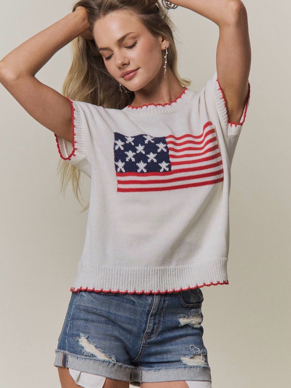 American flag stars stripe patriotic crochet embroidered tunic top sweater